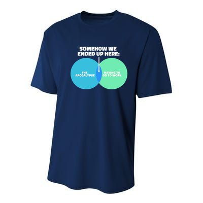 Somehow We Ended Up Here Between Apocalypse & Having To Work Youth Performance Sprint T-Shirt