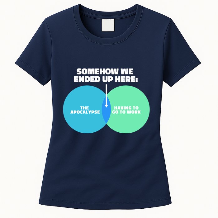 Somehow We Ended Up Here Between Apocalypse & Having To Work Womens T-Shirt