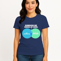 Somehow We Ended Up Here Between Apocalypse & Having To Work Womens T-Shirt