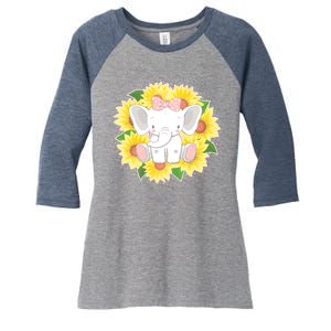 Sweet Sunflower Elephant Women's Tri-Blend 3/4-Sleeve Raglan Shirt