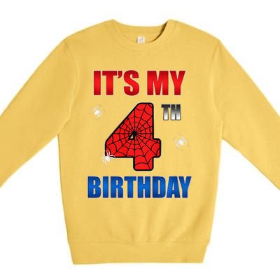 Spider Web Four 4 Years Old ItS My 4th Birthday Boy Party Premium Crewneck Sweatshirt