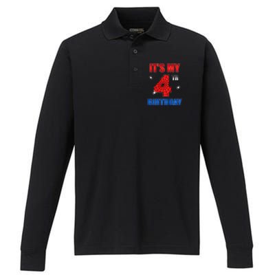 Spider Web Four 4 Years Old ItS My 4th Birthday Boy Party Performance Long Sleeve Polo