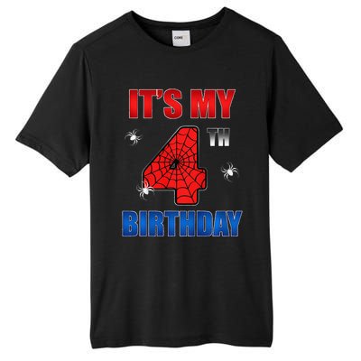 Spider Web Four 4 Years Old ItS My 4th Birthday Boy Party Tall Fusion ChromaSoft Performance T-Shirt