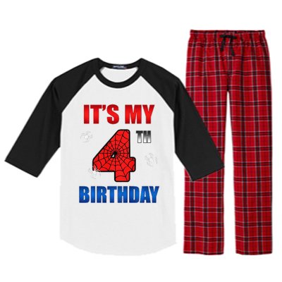 Spider Web Four 4 Years Old ItS My 4th Birthday Boy Party Raglan Sleeve Pajama Set