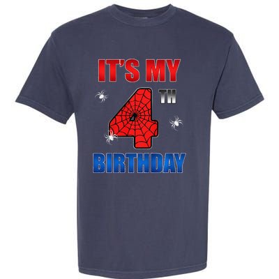 Spider Web Four 4 Years Old ItS My 4th Birthday Boy Party Garment-Dyed Heavyweight T-Shirt