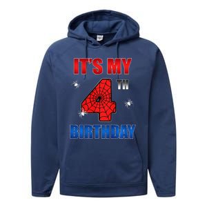 Spider Web Four 4 Years Old ItS My 4th Birthday Boy Party Performance Fleece Hoodie