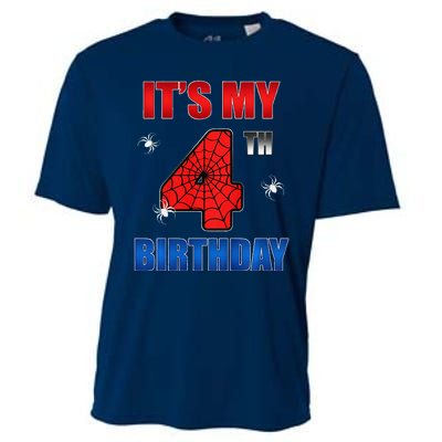 Spider Web Four 4 Years Old ItS My 4th Birthday Boy Party Cooling Performance Crew T-Shirt