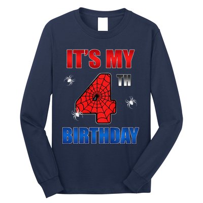 Spider Web Four 4 Years Old ItS My 4th Birthday Boy Party Long Sleeve Shirt