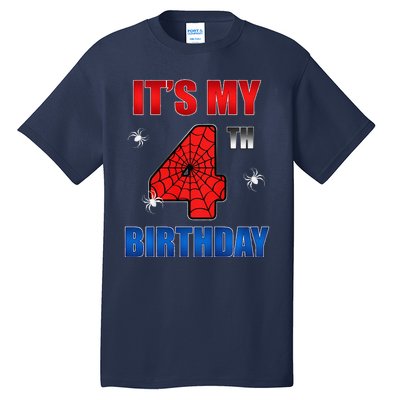 Spider Web Four 4 Years Old ItS My 4th Birthday Boy Party Tall T-Shirt