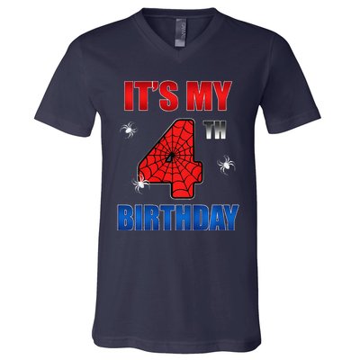 Spider Web Four 4 Years Old ItS My 4th Birthday Boy Party V-Neck T-Shirt