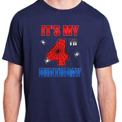 Spider Web Four 4 Years Old ItS My 4th Birthday Boy Party Adult ChromaSoft Performance T-Shirt