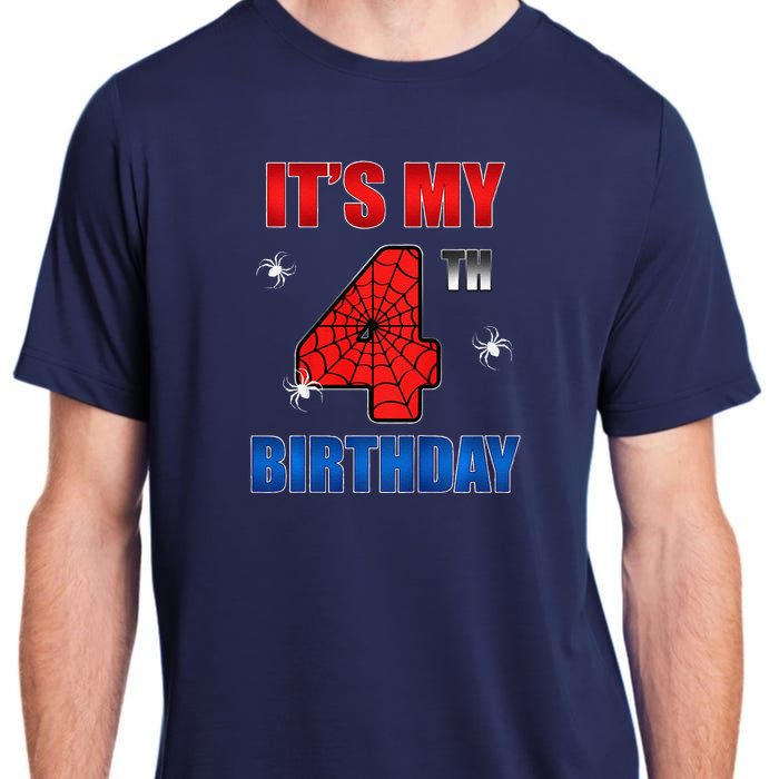 Spider Web Four 4 Years Old ItS My 4th Birthday Boy Party Adult ChromaSoft Performance T-Shirt