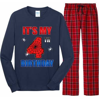 Spider Web Four 4 Years Old ItS My 4th Birthday Boy Party Long Sleeve Pajama Set