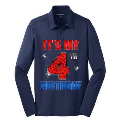 Spider Web Four 4 Years Old ItS My 4th Birthday Boy Party Silk Touch Performance Long Sleeve Polo