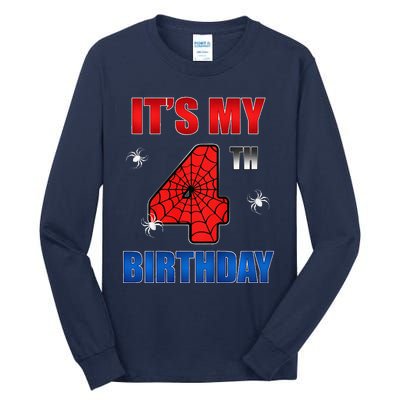 Spider Web Four 4 Years Old ItS My 4th Birthday Boy Party Tall Long Sleeve T-Shirt