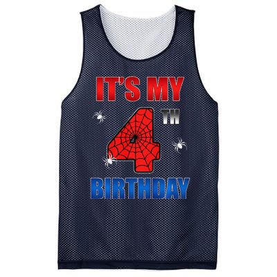 Spider Web Four 4 Years Old ItS My 4th Birthday Boy Party Mesh Reversible Basketball Jersey Tank