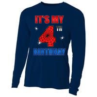 Spider Web Four 4 Years Old ItS My 4th Birthday Boy Party Cooling Performance Long Sleeve Crew