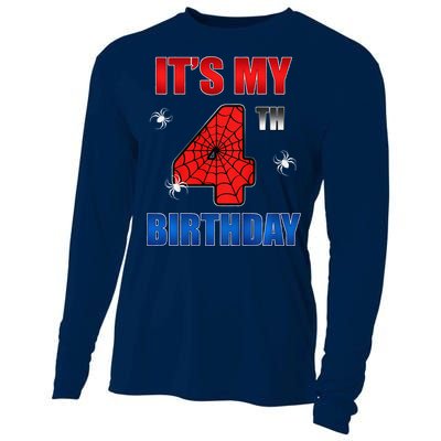 Spider Web Four 4 Years Old ItS My 4th Birthday Boy Party Cooling Performance Long Sleeve Crew