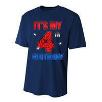 Spider Web Four 4 Years Old ItS My 4th Birthday Boy Party Performance Sprint T-Shirt