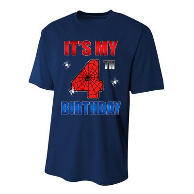 Spider Web Four 4 Years Old ItS My 4th Birthday Boy Party Performance Sprint T-Shirt