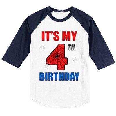 Spider Web Four 4 Years Old ItS My 4th Birthday Boy Party Baseball Sleeve Shirt