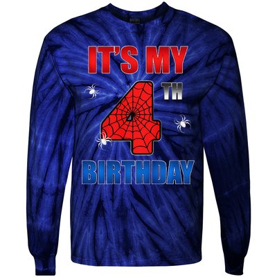 Spider Web Four 4 Years Old ItS My 4th Birthday Boy Party Tie-Dye Long Sleeve Shirt