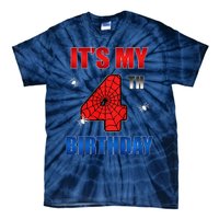 Spider Web Four 4 Years Old ItS My 4th Birthday Boy Party Tie-Dye T-Shirt