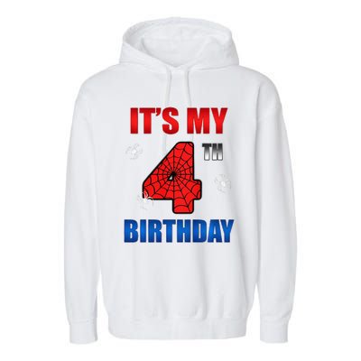 Spider Web Four 4 Years Old ItS My 4th Birthday Boy Party Garment-Dyed Fleece Hoodie