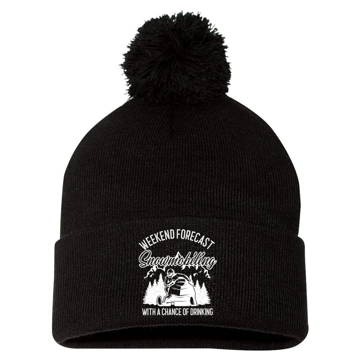 Snowmobile Weekend Forecast Winter Sports Vintage Motor Sled Pom Pom 12in Knit Beanie