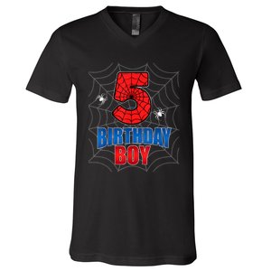 Spider Web Five 5 Years Old 5th Birthday Boy Party V-Neck T-Shirt