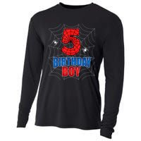 Spider Web Five 5 Years Old 5th Birthday Boy Party Cooling Performance Long Sleeve Crew