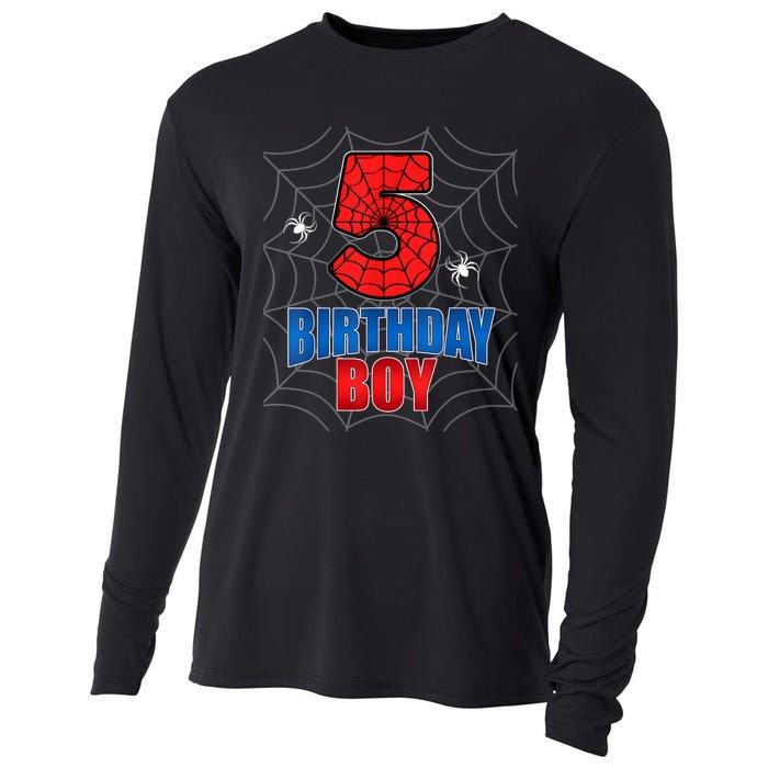 Spider Web Five 5 Years Old 5th Birthday Boy Party Cooling Performance Long Sleeve Crew