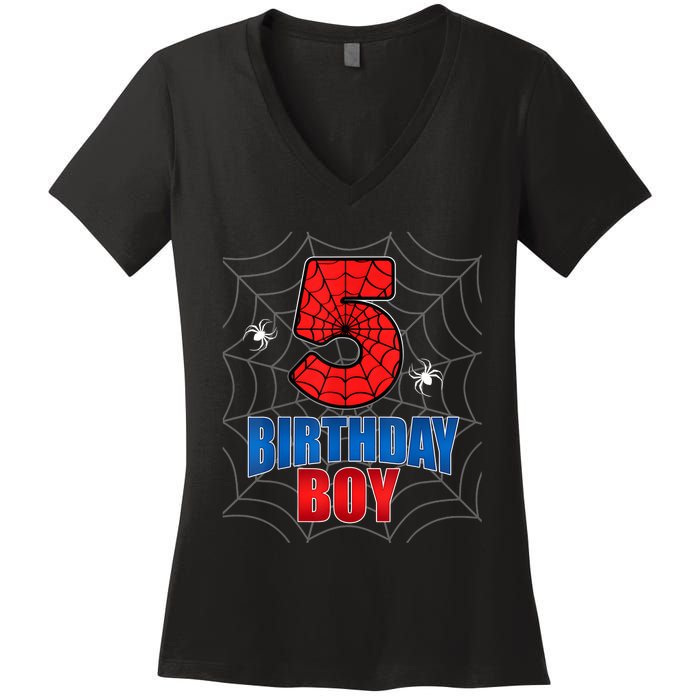 Spider Web Five 5 Years Old 5th Birthday Boy Party Women's V-Neck T-Shirt