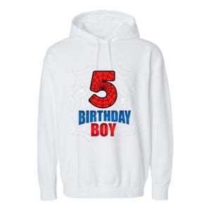 Spider Web Five 5 Years Old 5th Birthday Boy Party Garment-Dyed Fleece Hoodie