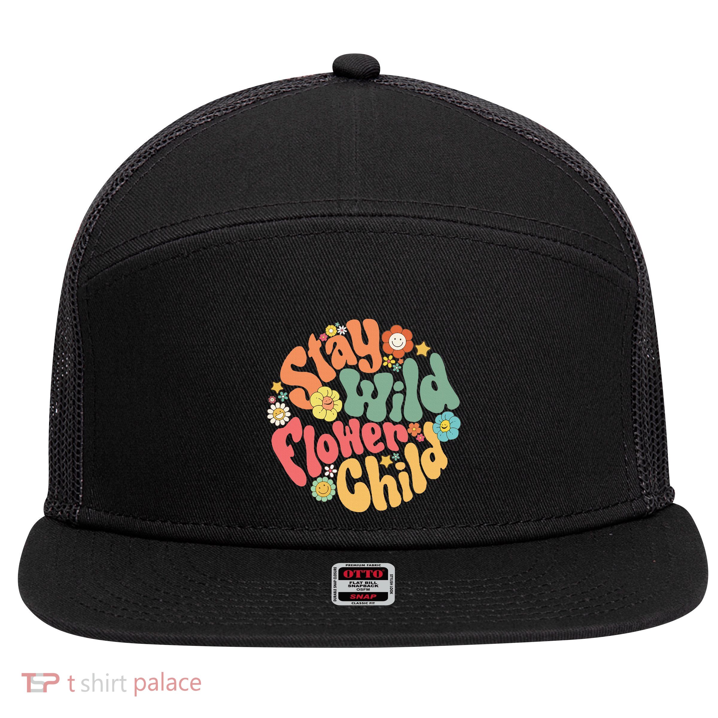 Stay Wild Flower Child Flower Retro Natural Boho Hippie 7 Panel Mesh Trucker Snapback Hat