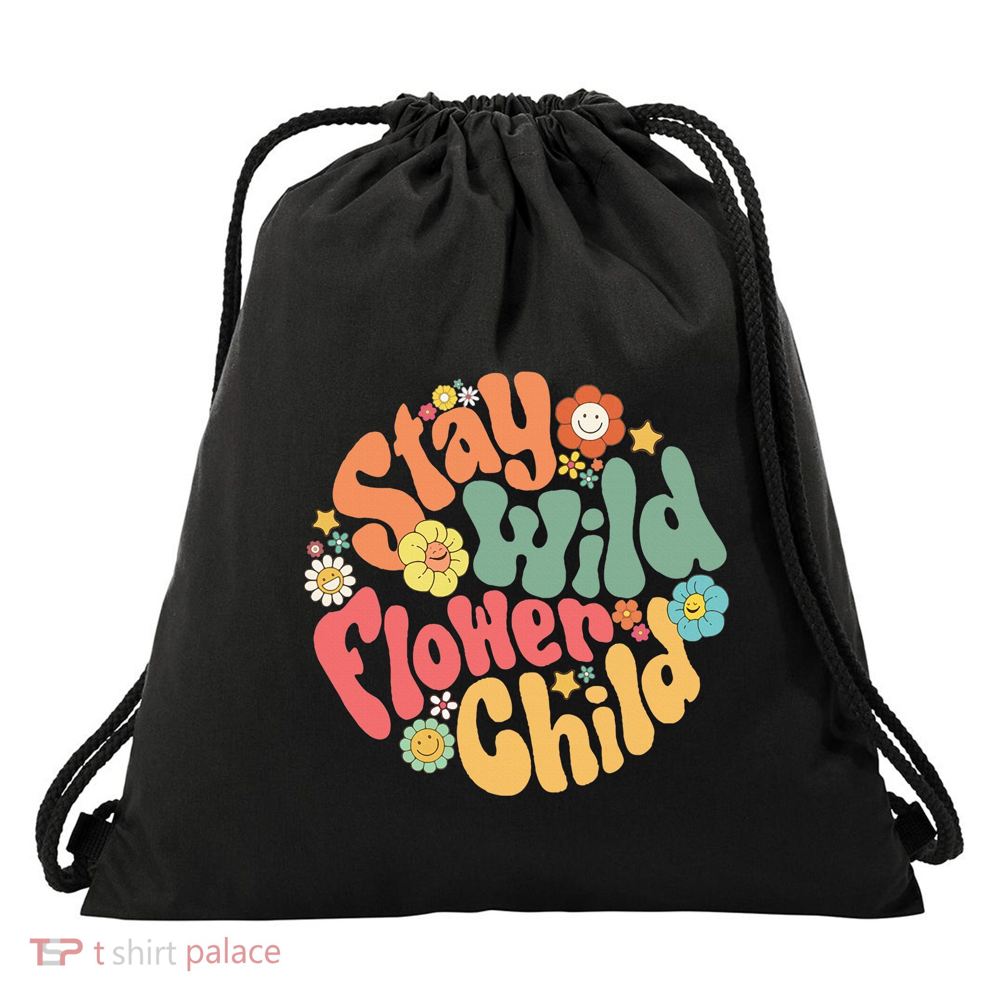 Stay Wild Flower Child Flower Retro Natural Boho Hippie Drawstring Bag
