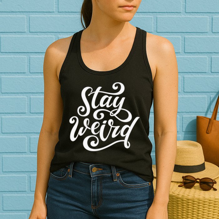 Stay Weird Funny Hand Drawn Calligraphy Womens Tank Top