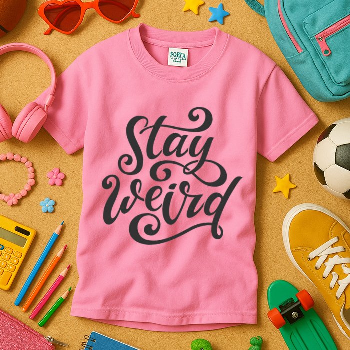Stay Weird Funny Hand Drawn Calligraphy Kids T-Shirt