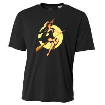 Sexy Witch Flying Broom Halloween Cooling Performance Crew T-Shirt