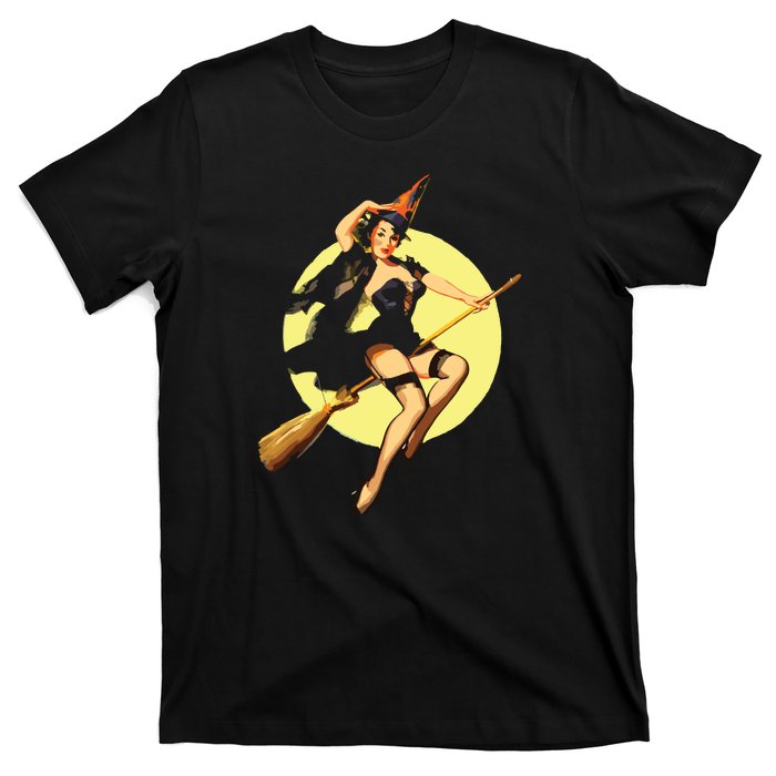 Sexy Witch Flying Broom Halloween T-Shirt