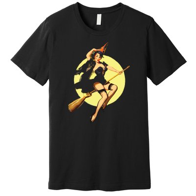 Sexy Witch Flying Broom Halloween Premium T-Shirt