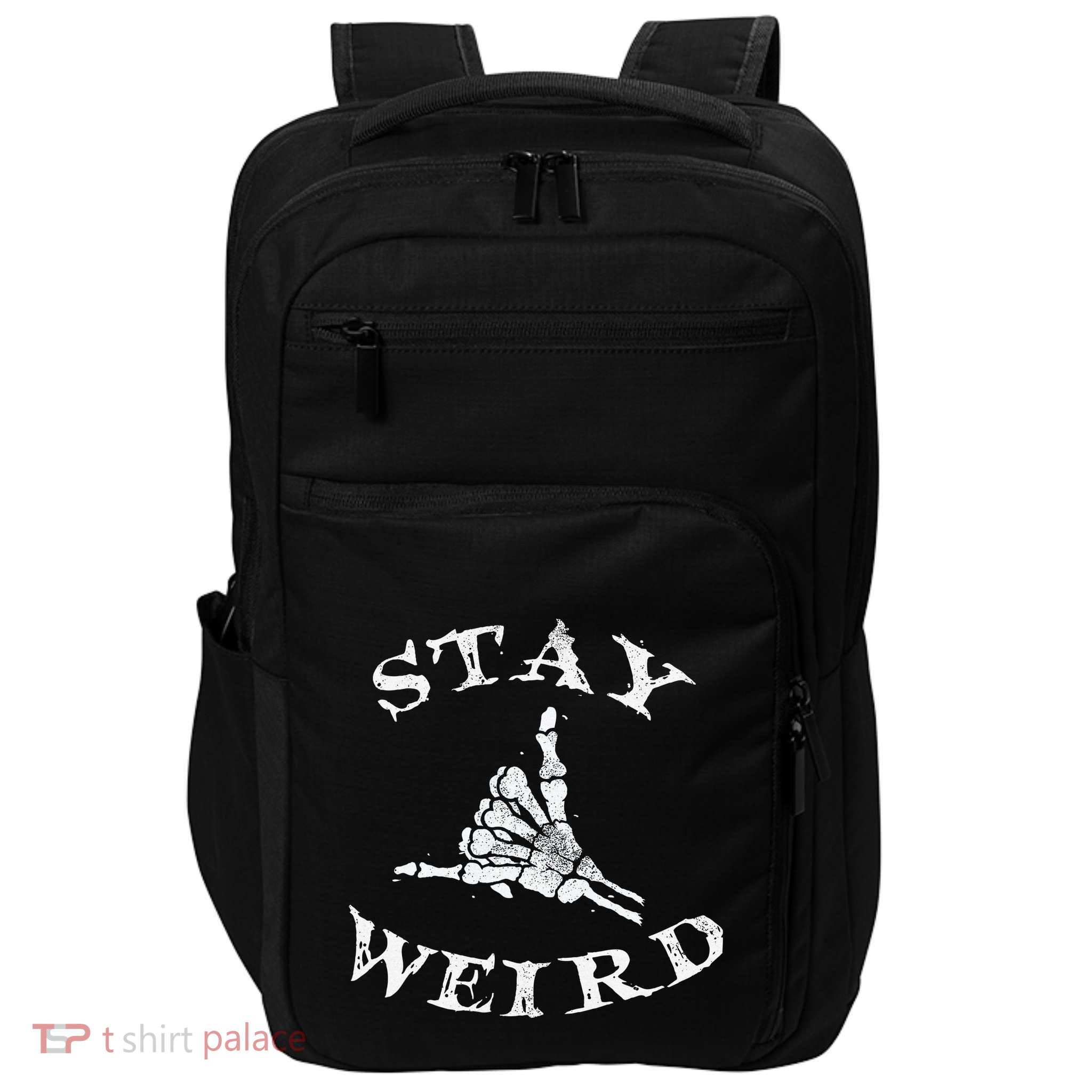 Stay Weird Gothic Skeleton Hand Shaka Novelty Halloween Impact Tech Backpack