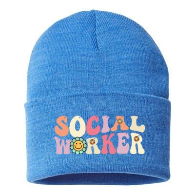 Social Worker Groovy Retro Vintage 60s 70s Design Gift Sustainable Knit Beanie