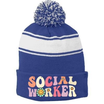 Social Worker Groovy Retro Vintage 60s 70s Design Gift Stripe Pom Pom Beanie