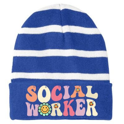 Social Worker Groovy Retro Vintage 60s 70s Design Gift Striped Beanie with Solid Band