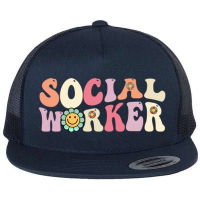 Social Worker Groovy Retro Vintage 60s 70s Design Gift Flat Bill Trucker Hat