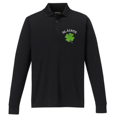 Slainte With Green Shamrock Clover For St Patricks Day Gift Performance Long Sleeve Polo