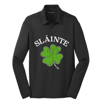 Slainte With Green Shamrock Clover For St Patricks Day Gift Silk Touch Performance Long Sleeve Polo