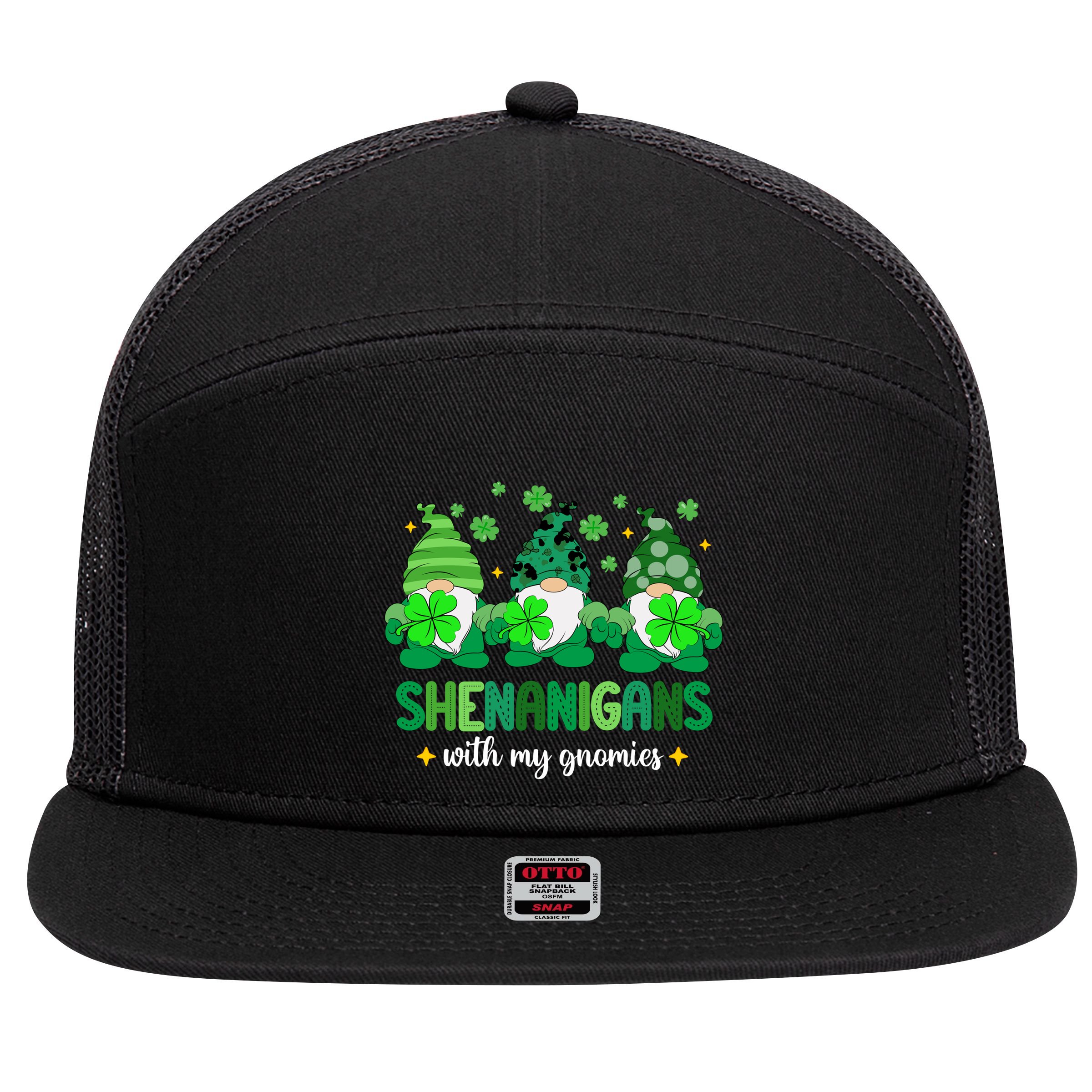 Shenanigans With Gnomies St Patrick Day 7 Panel Mesh Trucker Snapback Hat