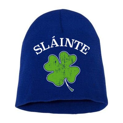 Slainte With Green Shamrock Clover For St Patricks Day Gift Short Acrylic Beanie